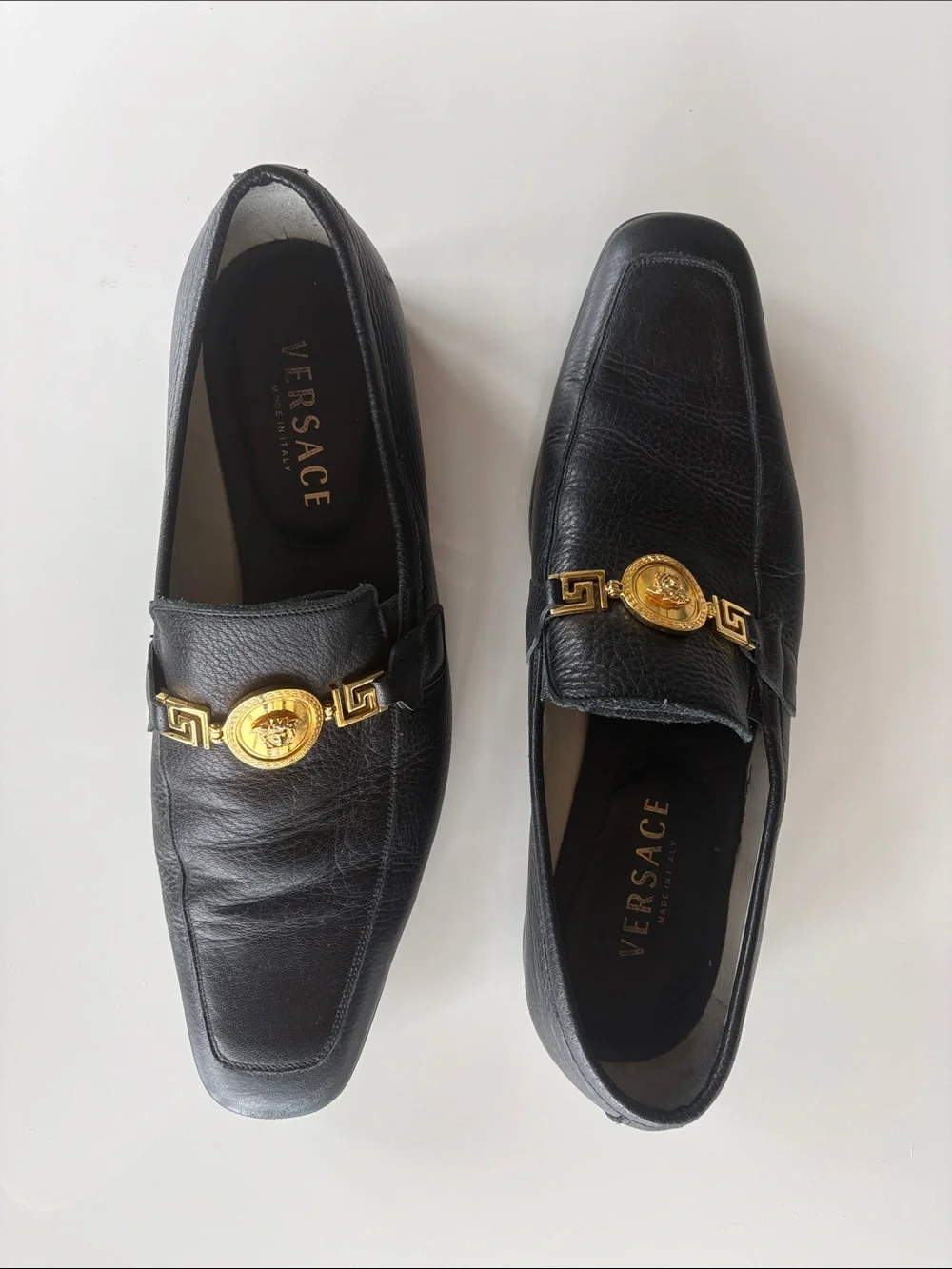 Versace Black Leather Loafers with Gold Medusa Hardware